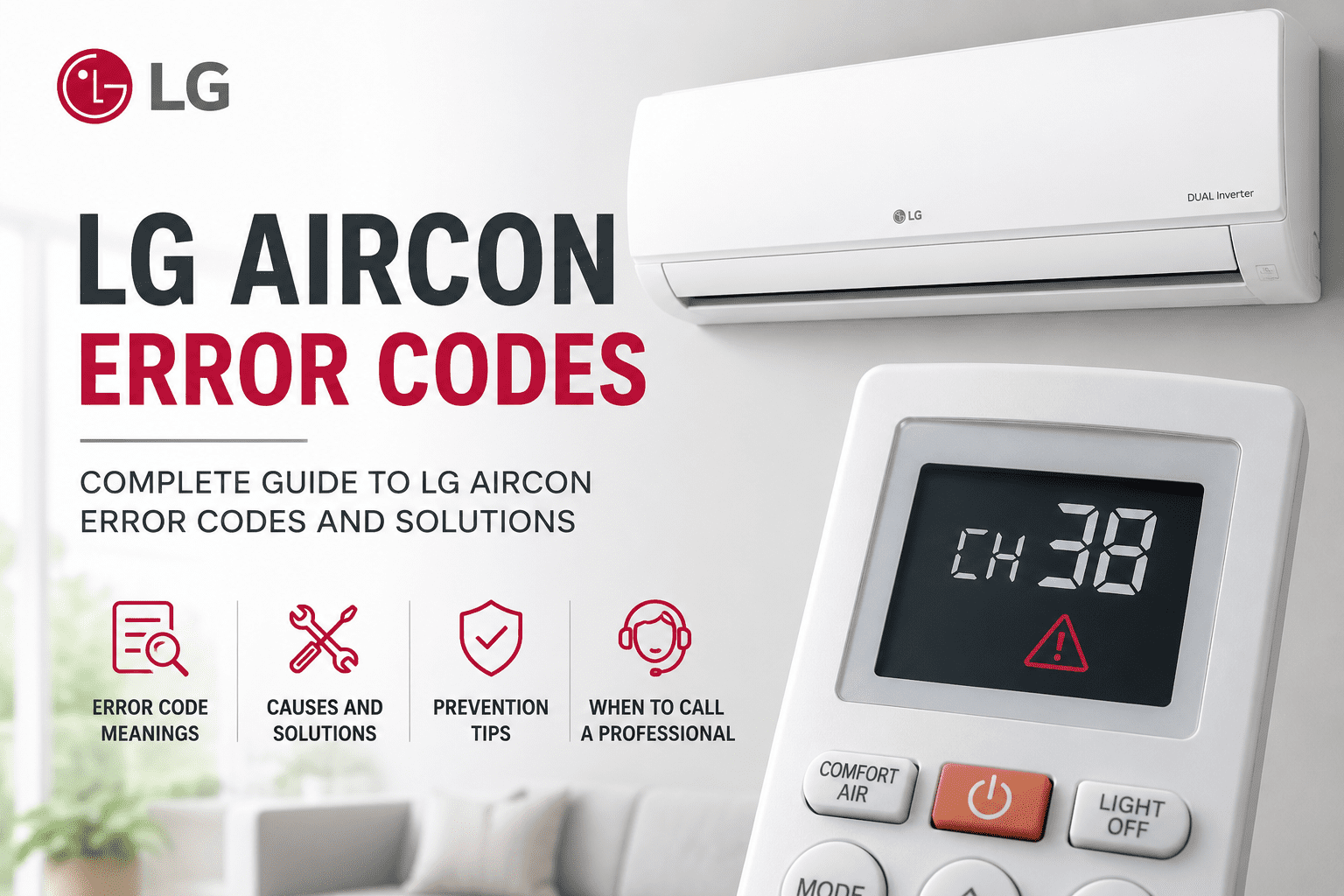 LG aircon error codes complete guide showing LG split unit and remote displaying CH38 error code