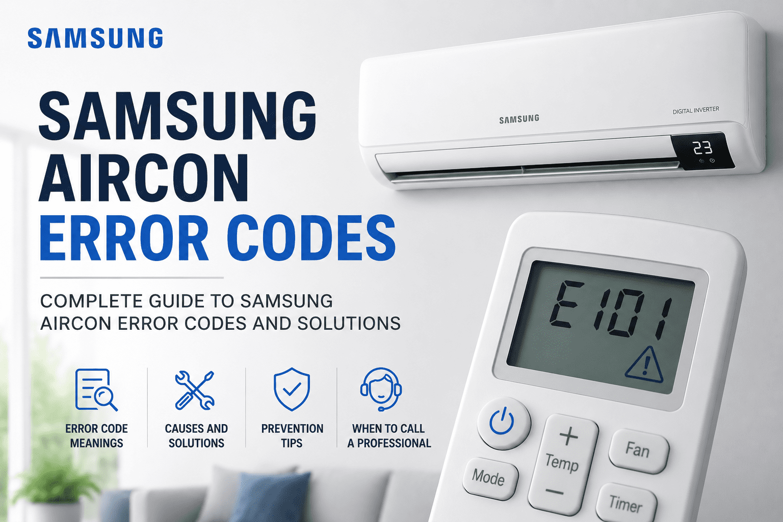 Samsung aircon error codes complete guide showing Samsung split unit and remote displaying E101 error code
