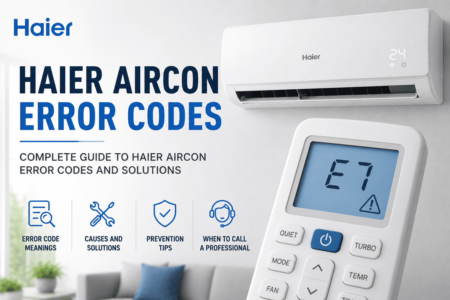 Haier aircon error codes complete guide showing Haier split unit and remote displaying E7 error code