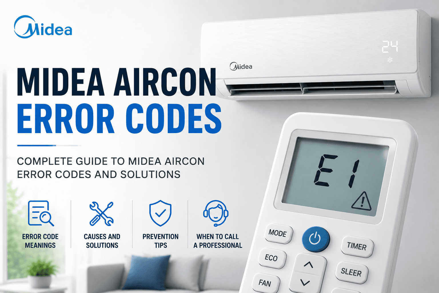 Midea aircon error codes complete guide showing Midea split unit and remote displaying E1 error code
